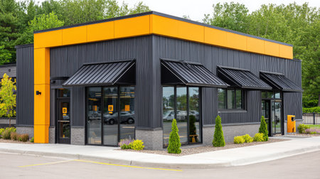 A contemporary commercial building showcases a structured facade with black siding and vibrant orange accents. The composition captures the building from an exterior perspective, highlighting multiple windows and awnings. Its geometric design is set against a backdrop of trees, potentially suited for architectural or business-related commercial projects.の素材