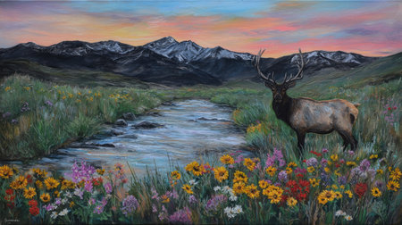 An elk stands in a lush meadow next to a river, with a backdrop of majestic mountains and a vibrant sunset. The artwork features a blend of green, blue, and yellow hues, with soft textures and gentle lighting, creating a serene atmosphere suitable for various uses.の素材