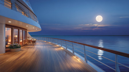 A large yacht's wooden deck is bathed in the soft glow of night with a full moon. The composition features a water view extending to the horizon, with details of the deck and railing visible. The scene suggests serene moments, potentially for editorial or commercial visuals.の素材