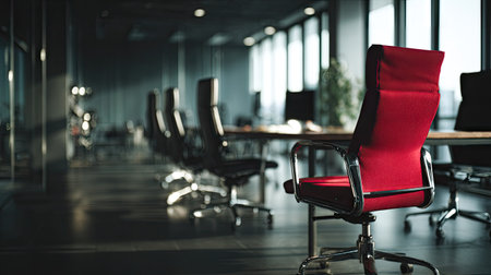 An office interior is depicted with a red chair as the focal point. The scene presents multiple desks and chairs, with sunlight illuminating the space. The image has a modern style with a dark ambience. It could be suitable for commercial use or editorial content related to business.の素材