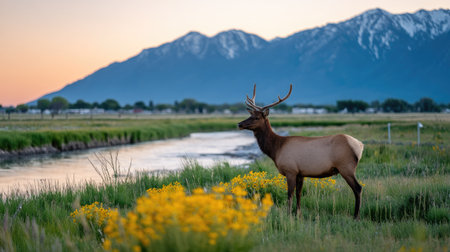 An elk stands gracefully in a natural setting with a river and mountains under a colorful sunset. The image showcases the elk's features and its surroundings. The composition employs natural lighting, offering potential uses for editorial content, and for promotional or illustrative purposes. The background shows a serene environment.の素材