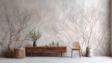 An interior space showcases a wooden console and a light-colored chair against a wall adorned with abstract branch patterns. The room features vases with plants and other decorative elements. This composition is bathed in soft light and could be used for design concepts or home decor promotions.の素材