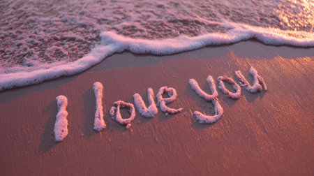 The image depicts a message spelled out in the sand, "I love you", with foamy ocean waves gently washing over it. Soft, warm light illuminates the scene, enhancing the pink and beige color palette. The photograph suggests feelings of affection and could be used for romantic or sentimental themes.の素材