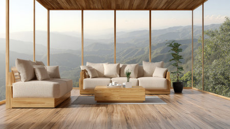 This interior showcases a contemporary living space featuring a light-filled room with floor-to-ceiling windows. Comfortable sofas and a coffee table are central. The neutral color palette is complemented by wooden accents and the backdrop of a blurred mountain range. The image could be used for interior design, lifestyle, or real estate projects.の素材