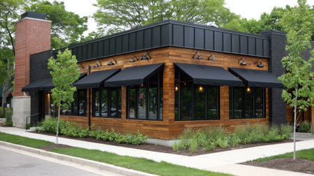 A contemporary restaurant structure exhibits a wooden exterior complemented by black roofing and awnings. The scene is illuminated by daylight, with natural greenery visible around the building. The architectural design could be suitable for commercial purposes such as advertisements or website visuals, offering versatile use.の素材