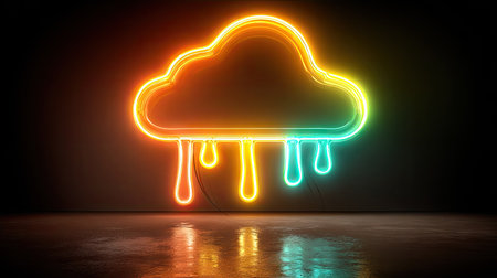 An illuminated neon cloud with dripping effect dominates the dark background. The artwork showcases a gradient of vivid colors, creating a luminous outline. Reflective floor enhances the bright display and overall digital illustration is suitable for various commercial applications.の素材