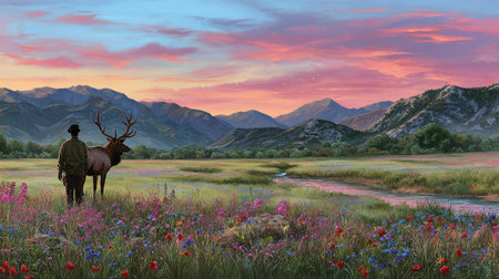 A man stands with an elk in a vibrant meadow, looking towards a distant mountain range under a colorful sunset sky. The image features lush greenery, wildflowers, and soft lighting, evoking a sense of peace. Suitable for various commercial applications, including illustration and editorial content.の素材
