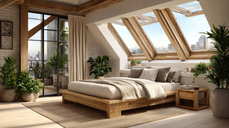 This image showcases a bright bedroom featuring a wooden bed, neutral-toned bedding, and large windows. The room incorporates natural light streaming through the skylights and a door leading to a balcony, offering city views. It could be used for lifestyle, home decor, or architectural design projects.の素材
