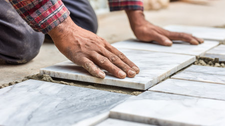 A man is installing marble tiles, with his hands carefully positioning them. The image showcases a close-up view of the hands, marble tiles, and the surface, suggesting a construction project. The scene is brightly lit, emphasizing the colors and textures of the materials. The image can be used for various editorial and commercial purposes.の素材