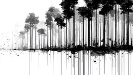 A grayscale illustration presents a forest silhouette against a bright white backdrop. The artwork features tall, slender trees with detailed foliage, rendered in varying shades of gray. The composition emphasizes vertical lines and contrasts. Suitable for use in graphic design, editorial content, or artistic projects.の素材