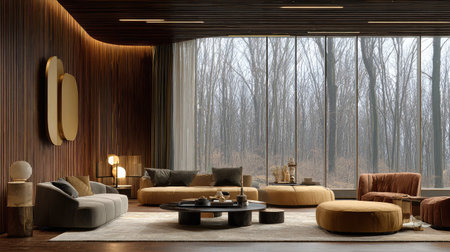 An interior view showcases a modern living room, furnished with sofas, armchairs, and a round coffee table. The color palette includes brown and beige tones with an expansive window overlooking a forest. This scene presents a combination of comfort and visual interest, suitable for various editorial and advertising applications.の素材
