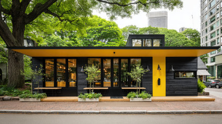 The image features a modern building characterized by a black exterior with prominent yellow accents. Large windows span the front, and the structure is surrounded by lush green trees. The style suggests a contemporary design, and the scene appears to be outdoors during the day, suitable for commercial and architectural usage.の素材