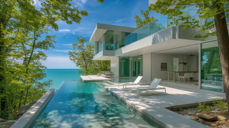 A modern home features an infinity pool extending towards a turquoise ocean. The building incorporates large windows and glass railings, reflecting the bright sunlight. Lush green trees surround the structure. This image could be used in architectural, travel, or lifestyle publications and marketing materials.の素材