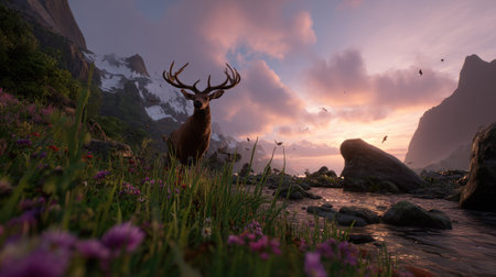 A deer stands prominently in a mountainous landscape bathed in sunset hues. The image features soft textures, with the subject appearing as a 3D-rendered asset. The composition captures a serene environment, enhanced by a colorful sky. Suitable for use in various commercial projects or editorial content.の素材