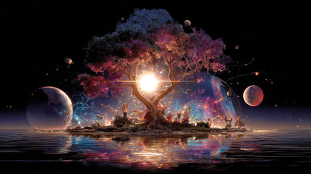 A glowing tree stands central in a surreal, celestial scene, its branches filled with colorful lights. The artwork features a fantasy-style composition with a vibrant palette and a soft, dreamlike quality. This image could be used for various artistic projects, illustrations, or as a background.の素材