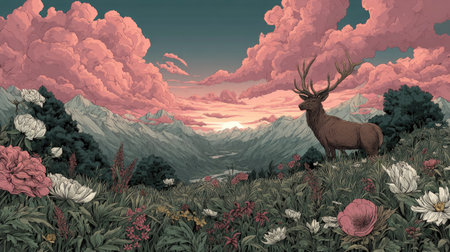 An elk stands regally amidst a vibrant landscape featuring pastel-colored clouds and distant mountains. The artwork showcases a blend of fantasy and natural elements. The composition is enriched by a variety of flowers in the foreground, with an overall dreamy aesthetic. This image may be suitable for editorial use, artistic projects, or decorative purposes.の素材
