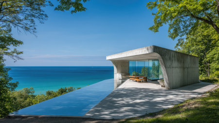 An elegant modern building with an infinity pool reflects a clear sky and ocean. The architecture features concrete and glass with a spacious interior. Sunlight enhances the scene's simplicity and visual appeal. It is suitable for architectural design and travel-related projects.の素材