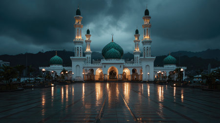 The image captures a mosque at night with its lights reflecting on a reflective surface. The architecture features domes and minarets, illuminated against a dark sky. The scene evokes a sense of serenity and could be suitable for use in various visual projects related to culture or travel.の素材