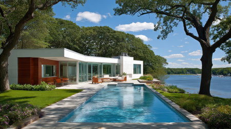 A contemporary residence with a rectangular pool stands near a body of water. The home features clean lines and expansive glass windows. Green grass surrounds the pool, and trees provide shade. This image is suitable for architecture, real estate, or lifestyle publications.の素材