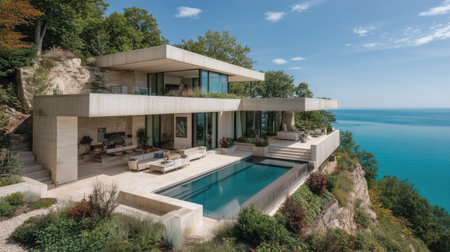 A contemporary residence is perched on a cliff overlooking a vast body of water. The architecture features clean lines, expansive windows, and a rectangular pool. The scene is bathed in sunlight, with a clear blue sky contrasting with the building's neutral tones. Suitable for architectural, travel, or lifestyle content.の素材