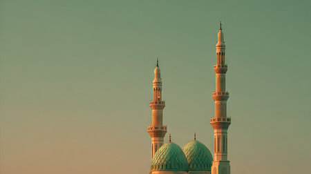 An architectural image showcases a mosque, with its iconic minarets and domes, set against a backdrop of a gradient sky. The composition features warm and cool color palettes, creating a serene mood. This visual may be suitable for commercial and editorial projects related to architecture, religion, and cultural themes.の素材