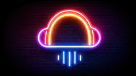 A stylized illustration presents a glowing neon cloud shape against a dark backdrop. The image showcases bright colors, including orange, blue, and purple, with a futuristic and digital art style. Suitable for use in projects related to the internet, data storage, and technology, it can be adapted for various visual communications.の素材