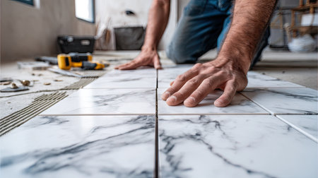 A man is shown installing ceramic tiles on a floor, showcasing the process of renovation. The image features a close-up view, highlighting the textures and details of the tiles. The setting appears to be indoors, with natural lighting. It can be used for illustrations of home improvement projects or construction themes.の素材