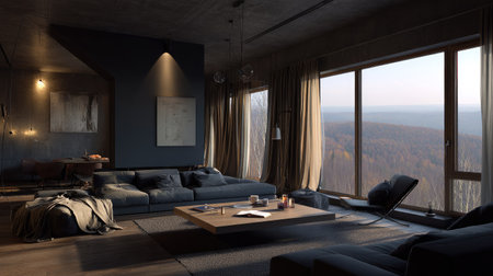 A contemporary living space features dark walls, a large sectional sofa, and a floating coffee table. Natural light streams in through expansive windows, contrasting with the moody interior. Neutral-toned curtains and a minimalist style create a sophisticated ambiance, suitable for architectural or interior design projects.の素材