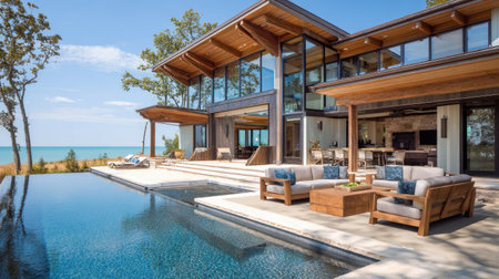 A luxurious modern home is featured with a swimming pool and outdoor seating. The architectural design includes large windows and wooden accents. The sunlight highlights the serene environment. This image can be used for architectural designs, lifestyle, real estate or travel content.の素材