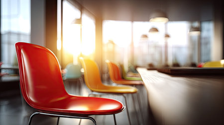 A row of colorful chairs are prominently displayed inside a modern space with large windows. The image showcases vibrant chairs, with a focus on a red chair in the foreground. Sunlight floods the room, creating strong shadows and highlighting the clean design and materials. This versatile image is suitable for design projects and commercial uses.の素材