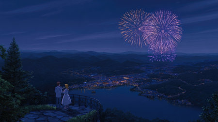 A nighttime scene features fireworks erupting above a distant city, viewed from a high vantage point. The composition includes a dark blue sky and a landscape in silhouette. The scene suggests a romantic atmosphere. Suitable for various commercial uses such as event promotion or background illustrations.の素材