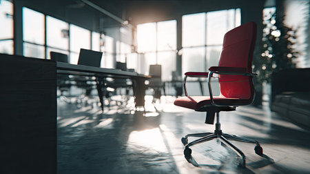 An office interior features a red chair and work area illuminated by bright sunlight streaming through large windows. The scene includes desks, computers, and a blurred background, suggesting a professional workspace. The lighting creates a bright, airy atmosphere suitable for commercial and editorial projects.の素材