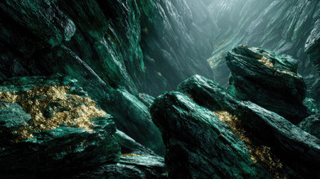 An abstract illustration presents a cavern of green rock formations. The image showcases textures with visible rock surfaces. Atmospheric lighting creates a sense of depth and mystery. The scene could be utilized for conceptual projects, fantasy illustrations, or artistic backgrounds.の素材