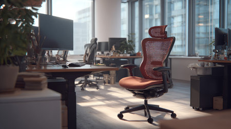 An office chair dominates the foreground within a modern workplace setting. The image showcases a chair with a reddish-brown seat and back, complemented by black accents. The composition features desks, computers, and natural light streaming through large windows, suggesting a bright, airy environment, suitable for various business uses.の素材