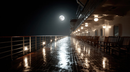 A cruise ship deck is illuminated at night by the full moon and soft ambient lighting. The wet deck reflects the glowing lamps and moon, creating a surreal atmosphere. The image highlights the wooden deck, handrails, and deck chairs. This scene is suitable for commercial projects relating to travel and leisure.の素材