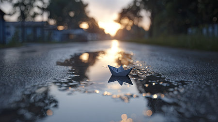 A small paper boat floats in a puddle on a wet road, reflecting the warm glow of the setting sun. The image showcases a close-up perspective with a shallow depth of field, focusing on the boat and its mirrored reflection. The scene suggests an outdoor environment, possibly after rainfall, with soft lighting. Suitable for various commercial and editorial projects.の素材