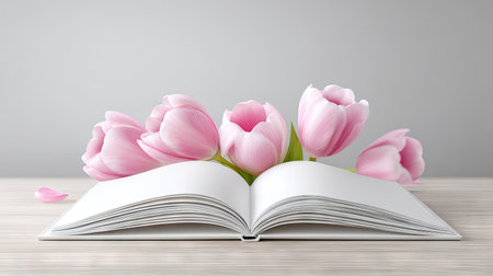 An open book rests on a wooden table, accompanied by a delicate arrangement of pink tulips. The soft petals contrast with the clean white pages. The image is composed with a shallow depth of field, rendered in a realistic style with a focus on natural lighting. Suitable for editorial content and commercial use.の素材
