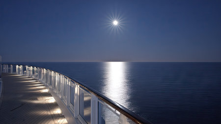A nighttime view depicts a body of water under a bright full moon. The scene includes a portion of a ship's deck, with railings and lighting. The water reflects the moonlight creating a shimmering pathway. This image could be suitable for travel, scenic, or conceptual content.の素材
