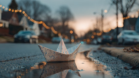 A paper boat sits in a puddle on a city street, reflecting its form. The image features a low-angle perspective with soft focus on the background, including blurred lights. The color palette is muted with cool tones. This image is suitable for use in various creative and commercial projects.の素材