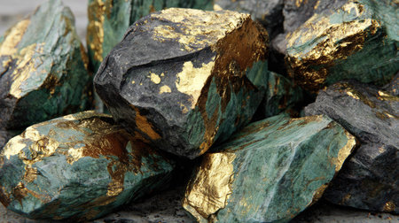 This image presents a collection of raw mineral stones, showcasing green and gold colors. The composition emphasizes texture and detail, with variations in lighting and shadow. The scene suggests a close-up view, possibly suitable for design projects and illustrations.の素材