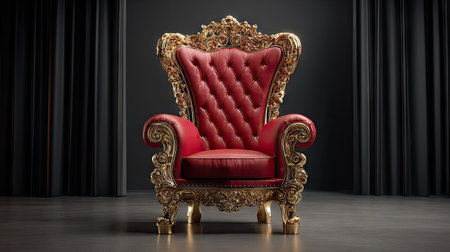 A luxurious throne chair, primarily red with golden accents, is presented against a dark backdrop. The composition focuses on the elaborately detailed chair. The scene employs soft lighting, emphasizing the rich textures and opulent style. It would be suitable for various commercial projects, emphasizing grandeur or power.の素材