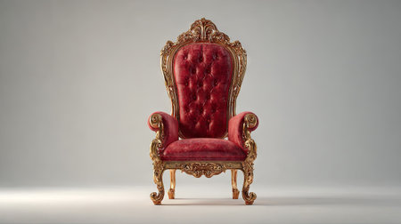 This image showcases an elaborately designed throne chair. The chair features rich red upholstery and is accented with intricate gold detailing. The composition is simple, with the chair centered against a clean white backdrop, which enhances its visual impact. Suitable for conceptual illustrations and various commercial uses.の素材