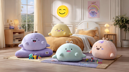 An array of colorful plush toys populate a well-lit bedroom scene. The toys, in various pastel hues, are arranged on a rug and bed. Soft lighting and a clean composition create a cheerful, inviting atmosphere. This image could be used for children's products, educational materials, or general decorative content.の素材