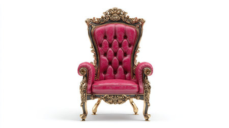 An isolated image presents an opulent throne chair, featuring a vibrant red seat and elaborate gold ornamentation. The composition highlights the chair's textures and details, with a focus on its luxurious style. This image could be suitable for various commercial projects requiring a regal or elegant visual element.の素材