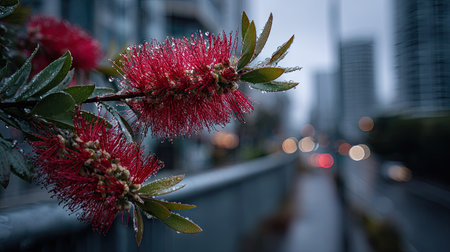 Vibrant red bottlebrush flowers are in sharp focus, contrasted against a blurred urban backdrop. The image features a shallow depth of field, emphasizing the textures of the petals and leaves. The color palette consists of reds, greens, and muted blues with a bokeh effect. Suitable for various editorial and commercial applications.の素材