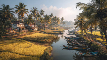 A scenic view showcases a river lined with boats, flanked by lush vegetation and palm trees under a bright sky. The composition features a blend of green and yellow hues, with a hazy atmosphere adding depth. This image could be used in travel, tourism, or environmental projects.の素材