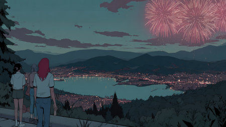 A group of figures are shown observing a fireworks display over a lake and city. The illustration uses muted tones, possibly digital painting with a flat style. The composition features a skyline, water body, and mountains silhouetted against the night sky. Suitable for use in editorial content and various design projects.の素材