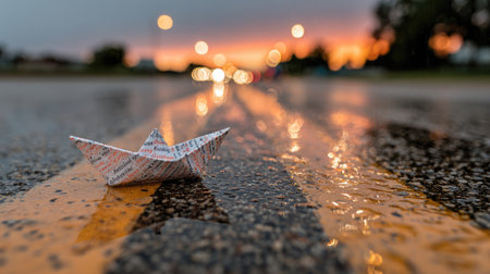 A paper boat rests on a wet road surface, its intricate folds contrasting with the smooth texture of the asphalt. The scene is bathed in the warm hues of a sunset, with soft light reflecting across the wet ground. This image is suitable for various commercial applications.の素材