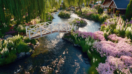 A white wooden bridge arches gracefully over a flowing stream, surrounded by vibrant flora. Pink and white flowers adorn the banks, contrasting with the green foliage. The scene features natural light, suggesting an outdoor setting. This image could be used for environmental, travel, or decorative content.の素材