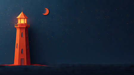 A detailed papercraft illustration presents a vibrant orange lighthouse against a deep blue night sky. The scene includes a warm, inviting glow from the lighthouse beacon and a crescent moon. The composition utilizes simple shapes, evoking a sense of calmness. Suitable for use in various design projects and editorial content.の素材